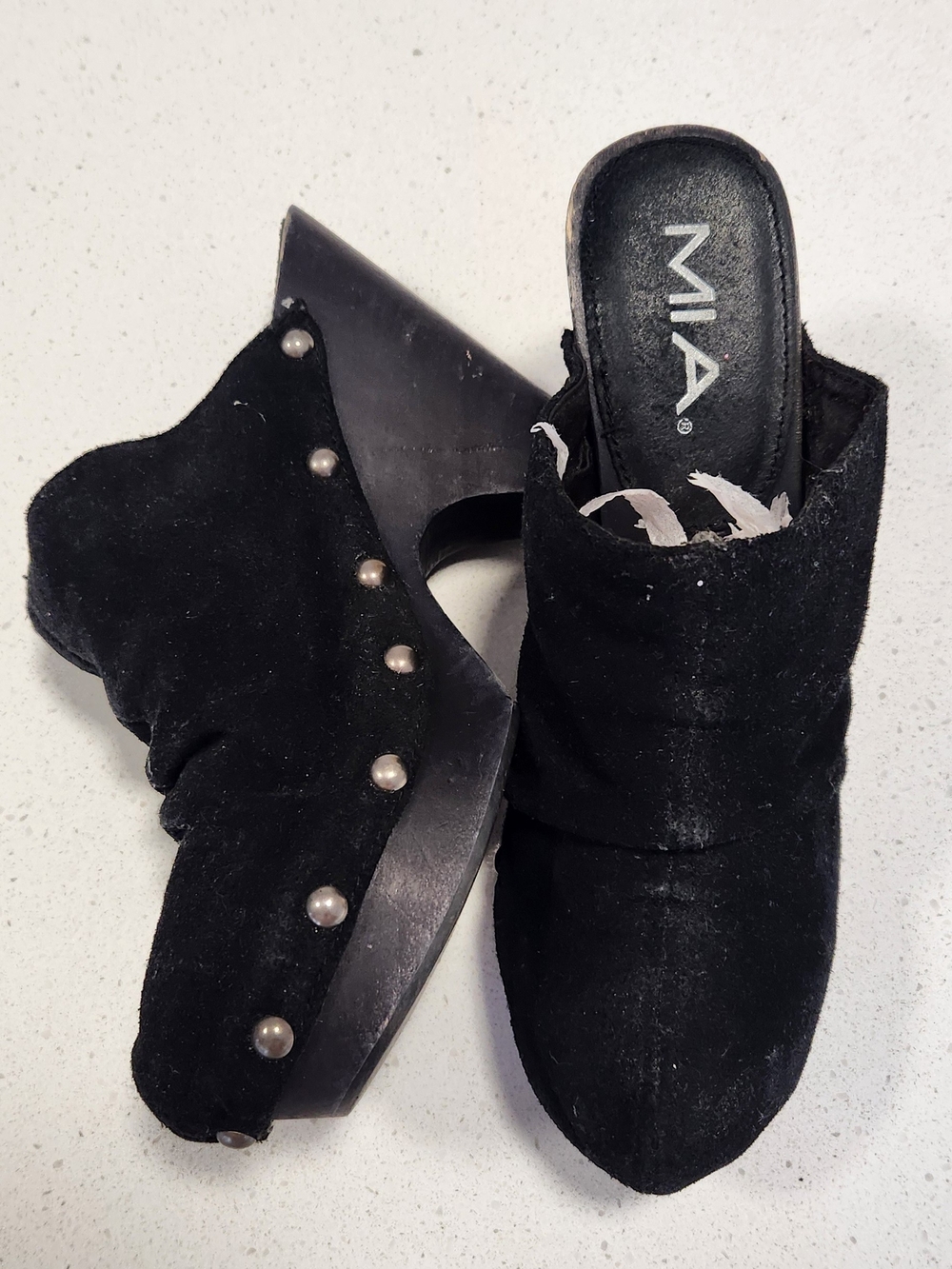 MIA Black Studded Suede Wedge Mules